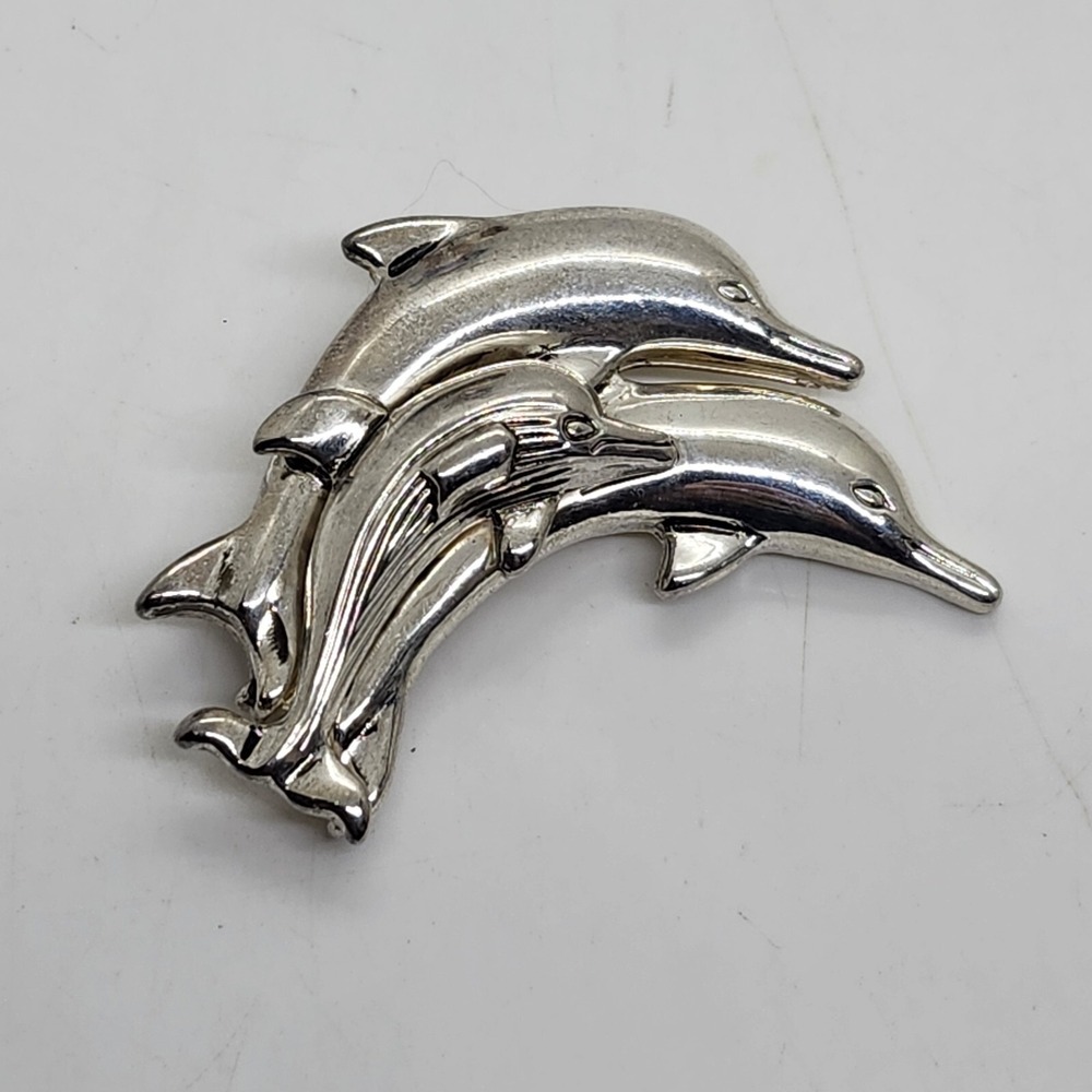 Vintage Best Silver Tone Dolphins Brooch Pendant